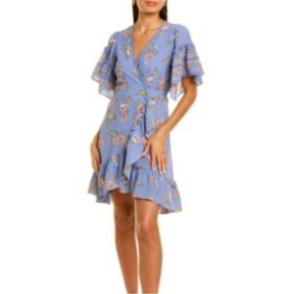Max Studio Blue Floral Wrap Ruffle Dress, Medium